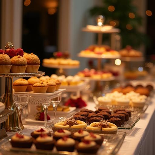 Un tavolo da buffet elegantemente allestito per un evento, carico di una varietà di dolci artigianali: muffin, brownies, mini cheesecake e coppe di dessert singole, tutto presentato con un gusto sofisticato.