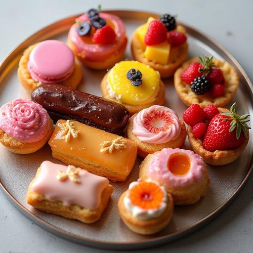 Vassoio lussuoso e artistico con un assortimento colorato di pasticcini mignon, tra cui bignè glassati, tartellette di frutta fresca, macaron variopinti e piccole éclairs, tutti disposti con cura.