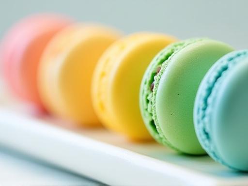 Una raffinata fila di macaron artigianali dalle vivaci tonalità pastello, con gusci croccanti e ripieni cremosi, disposti con eleganza su un vassoio di ceramica chiara.