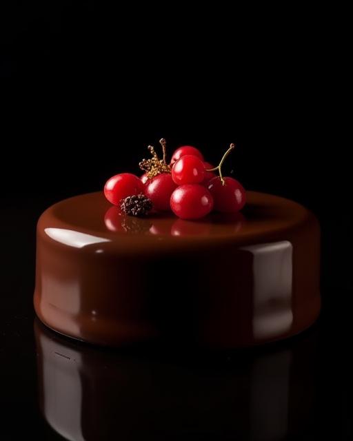 Torta moderna al cioccolato con glassa a specchio lucida e guarnita con frutti rossi freschi e delicate foglie d'oro, che risalta su uno sfondo scuro.